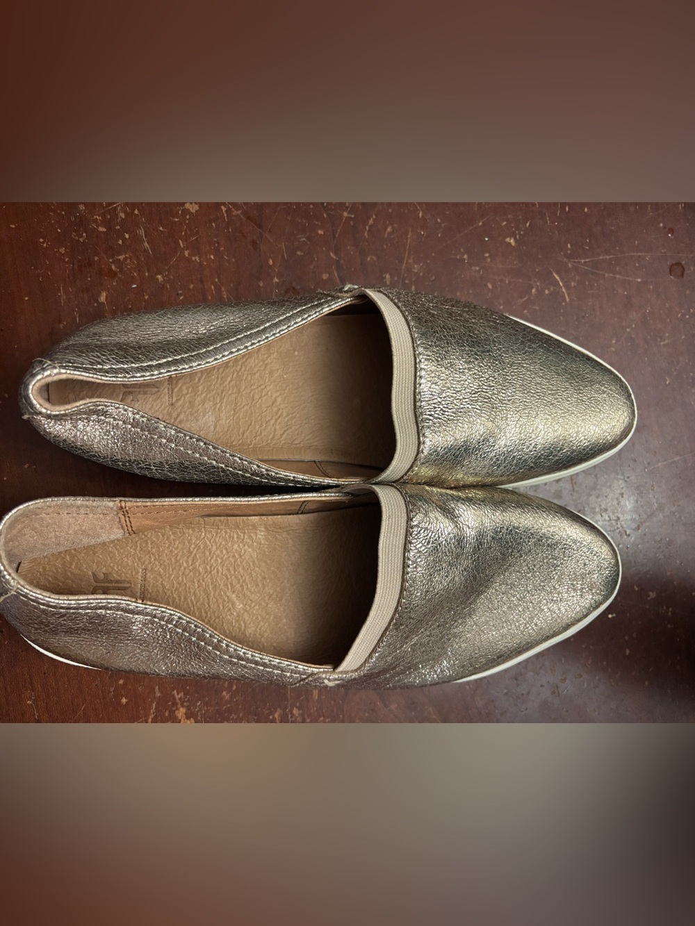 Frye gold metallic shiny 9.5 slip in moccasin flat loafer
